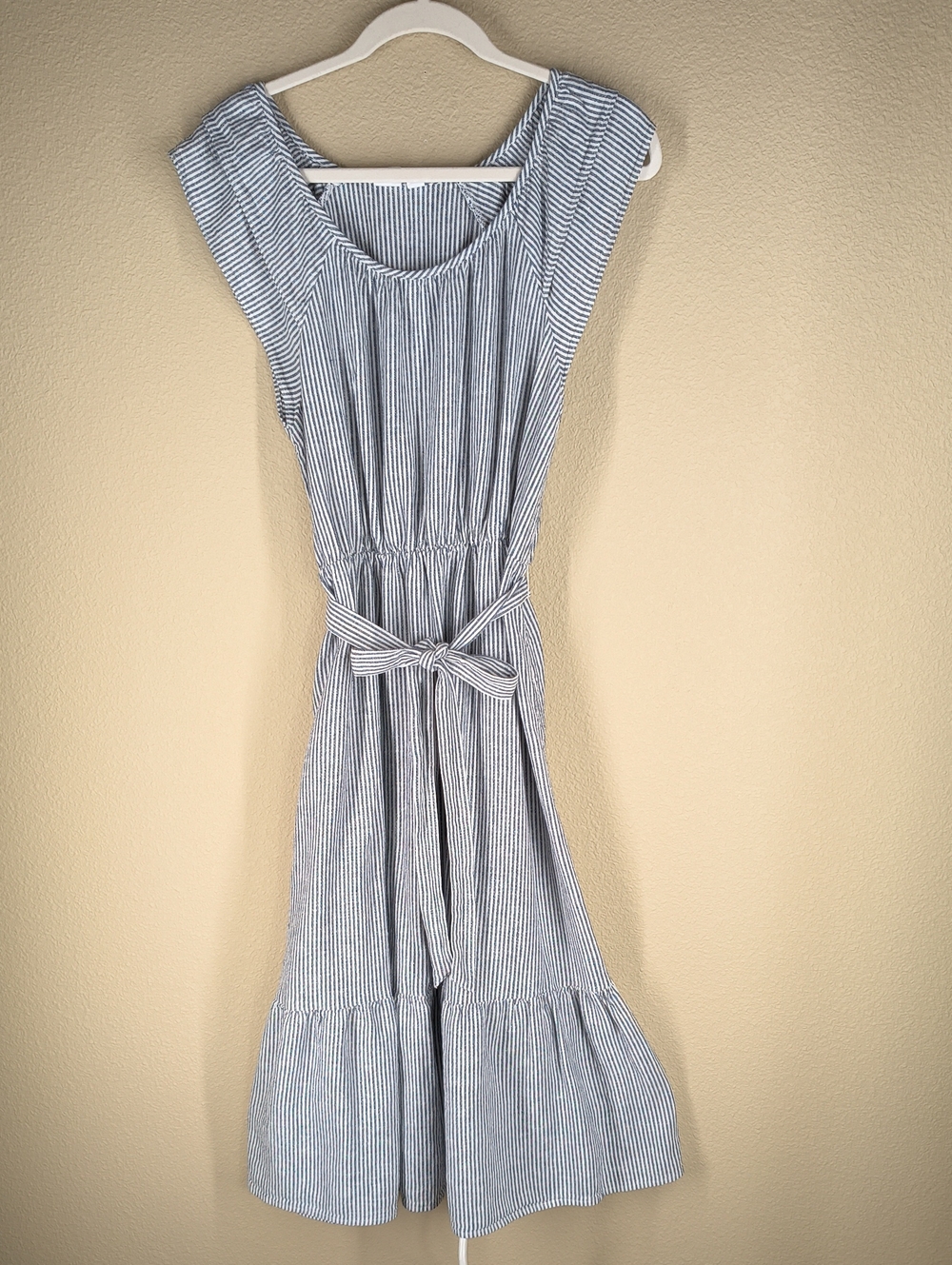 GAP Blue & White Striped Midi Dress with Tie Waist Linen Blend Size Medium